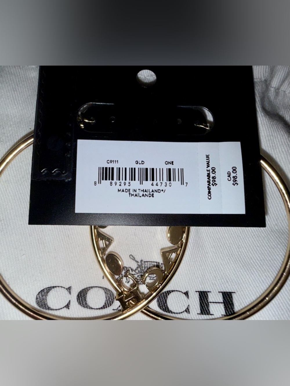 Coach Gold-Tone Hoop Earrings with Logo and Crystal Accents - Picture 3 of 4